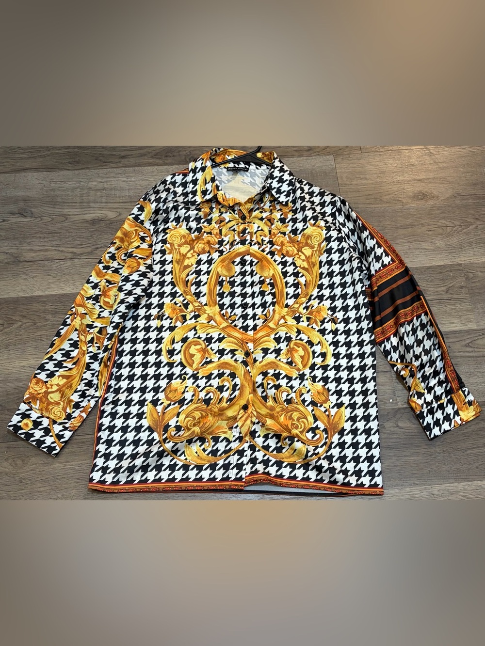 No. 1 Los Angeles Baroque Houndstooth Silk-Feel Button Down Shirt w/ Gold Scroll